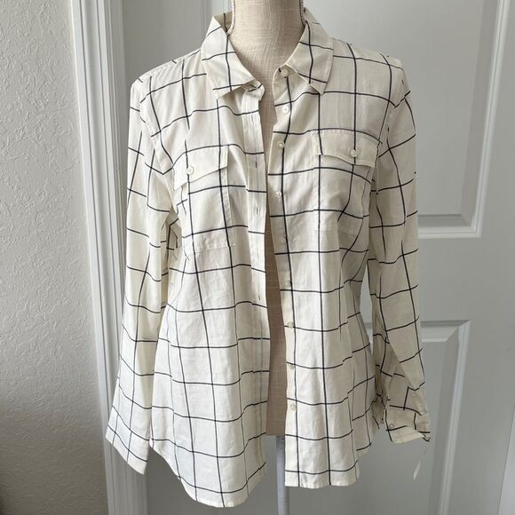 Talbots Petites Ivory and Charcoal Checkered Cotton Button up Blouse MP NWT - Picture 1 of 8